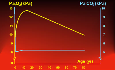 Oxygen and carbon dioxide partial pressures in arterial blood from birth to high age